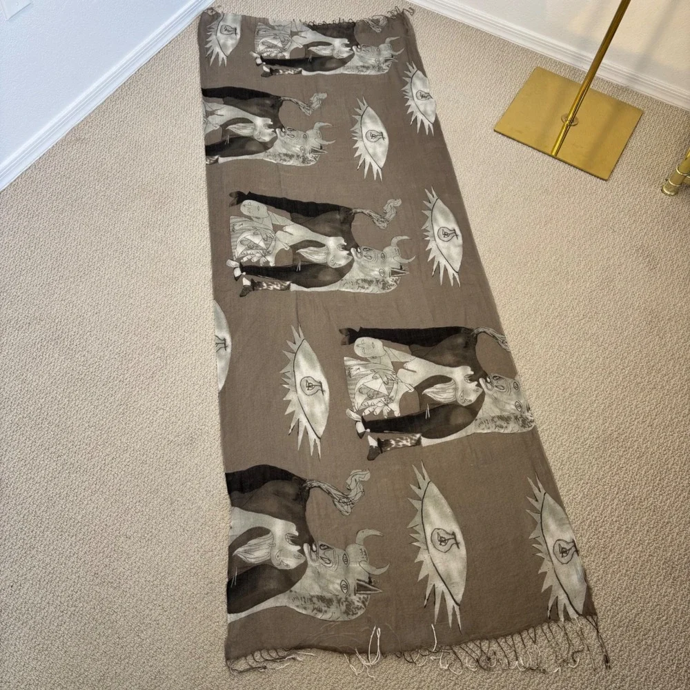 Picasso Guernica Print Scarf, Taupe Black Oversized Rectangle Silk Cotton Blend